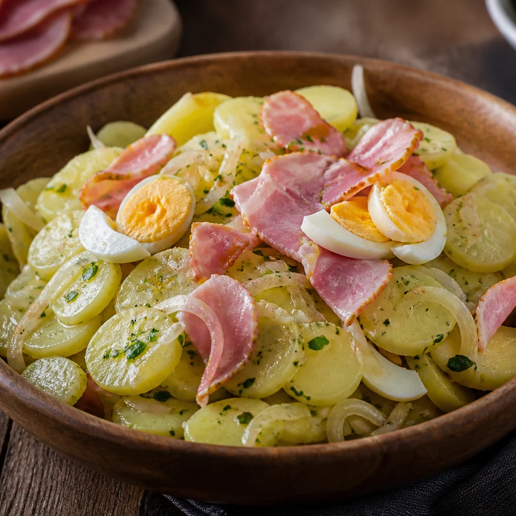 Erdäpfelsalat mit Schinken und Ei