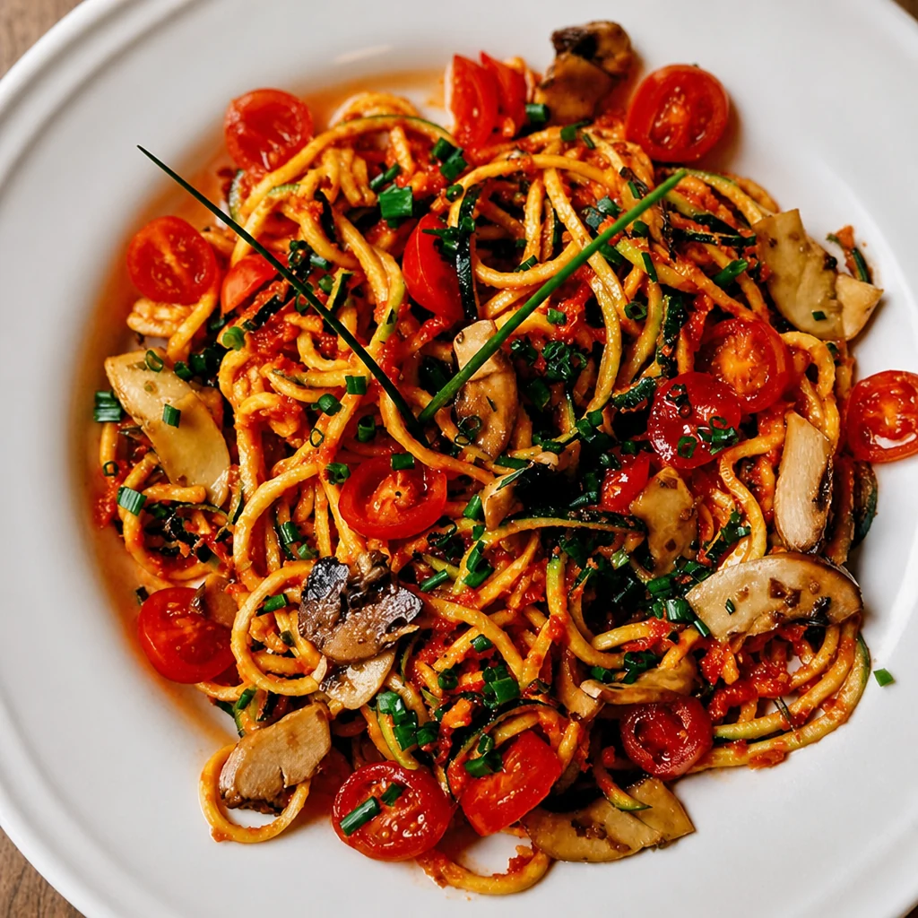 Nudeln mit Tomatensauce und Salat