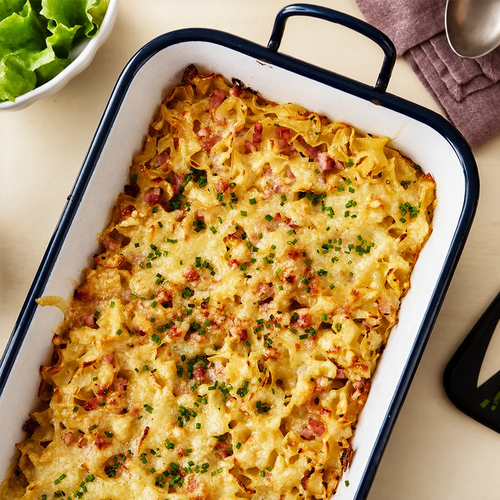Schinkenfleckerl mit Salat