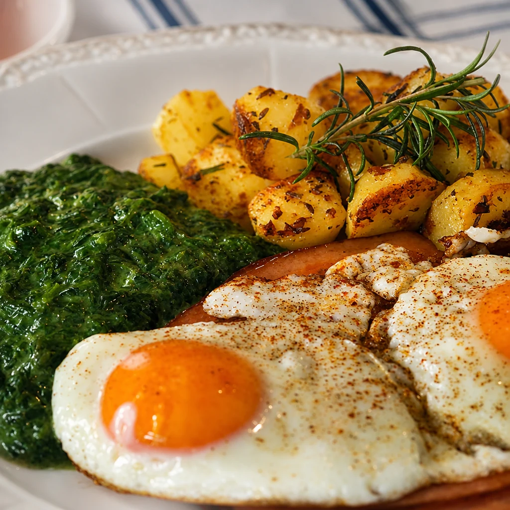 Spinat mit Röstkartoffeln und Spiegelei