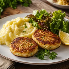 Fischlaibchen mit Erdäpfelpüree und Salat